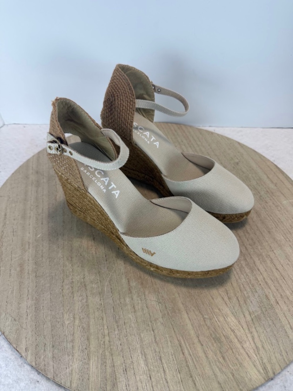 Viscata Barcelona Espadrille Wedge Sandals Womens EU 38 Beige Canvas Spain NWOT